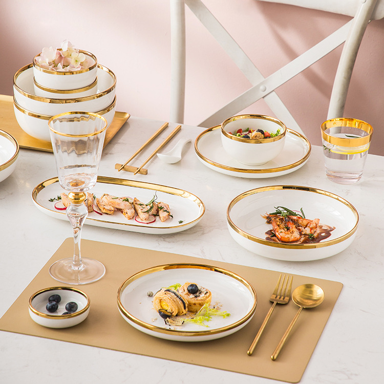 European Style White Phnom Penh Plate Ceramic Tableware Household Rice Bowl Soup Bowl Restaurant Dish Housewarming Gift Porcelain Set