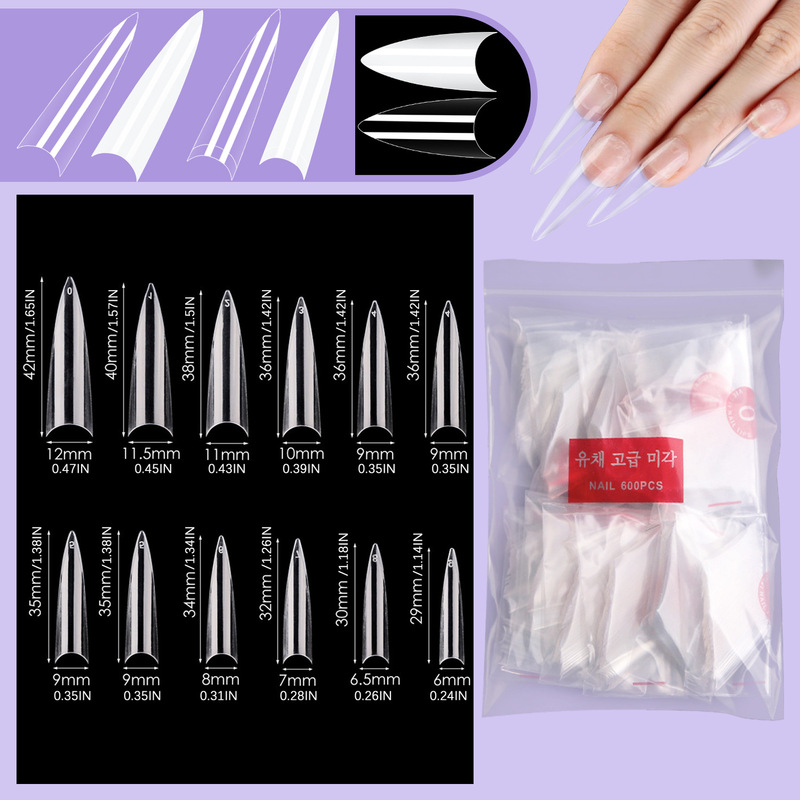 Nail Tips for Salon Use, Long Pointed Transparent Ghost Tips, 600 Pieces Per Bag, Short French Style