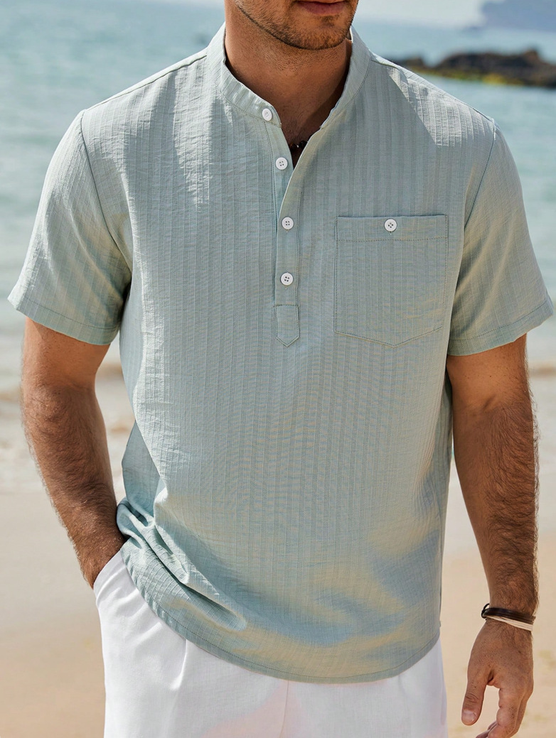 Men's Clothing Men's Short Sleeved Collared Casual Breathable Shirt Cotton Linen Beach Vacation Style Summer Top Polyester_viptrois.com