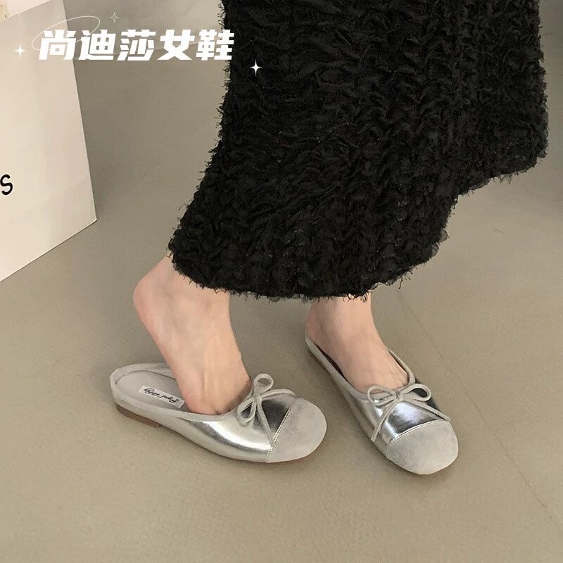 Tian Xiwei's same style bow-tie mules for women, summer outdoor wear, 2026 new Korean version, flat-bottomed closed-toe mules Tian Xiwei's same style bow-tie mules for women, summer outdoor wear, 2026 new Korean version, flat-bottomed closed-toe mules