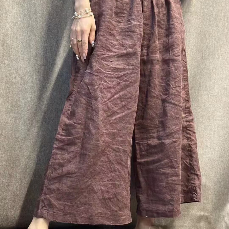 Summer Korean-style Loose Slimming Simple Linen Solid Color Stretch Waist Wide-leg Pants All-match Casual Straight Pants for Women