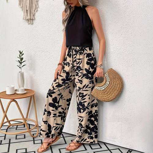 2025 Summer European and American Style Popular Printed Wide-Leg Pants Women's Thin Loose-Fitting Elastic Waist Casual Long Pants Slimming