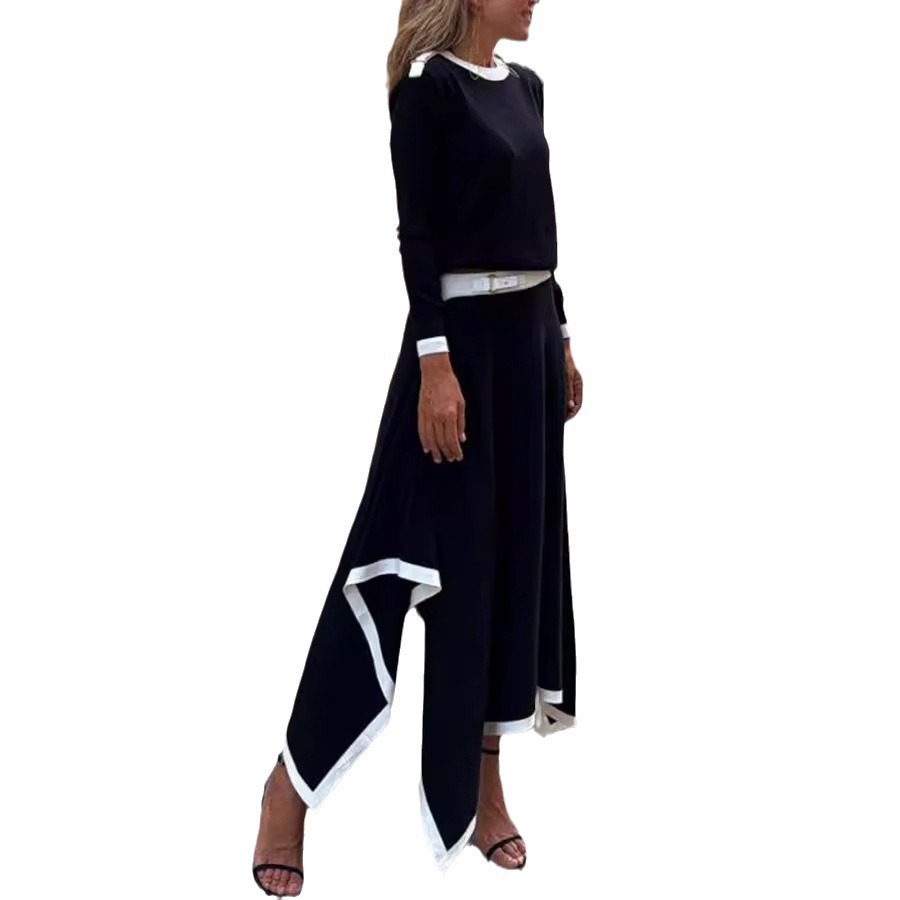 Sieviešu apģērbu pavasara un rudens neregulāras krāsas svārku komplekts ar garām piedurknēm_voghion.com