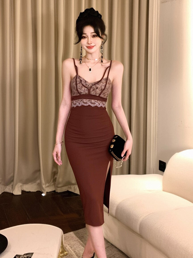 Đầm ôm body nữ dài xẻ tà dây đeo chất liệu thuần khiết — màu sô cô la