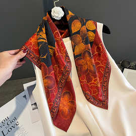 复古中国风高档香云纱花萝丝巾领巾双面双色树叶印花红色70方巾女