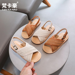 Vanka Hao Girls Retro Cross Braided Sandals 2025 Summer New Children's Soft Soled Casual Beach Shoes Cross-Border