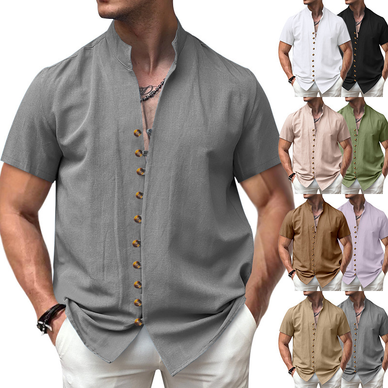 T-shirt da uomo stile europeo e americano transfrontaliero estate 2025, lino retrò, colletto alla coreana con bottoni._voghion.com
