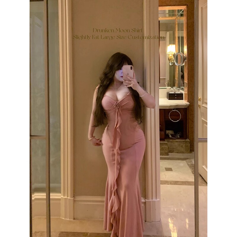 Cabbage [Sweet Royal Peach] plus size Slight Fat mm Pure Desire Spice Sling dress Waist Slim-fit Hip Dress