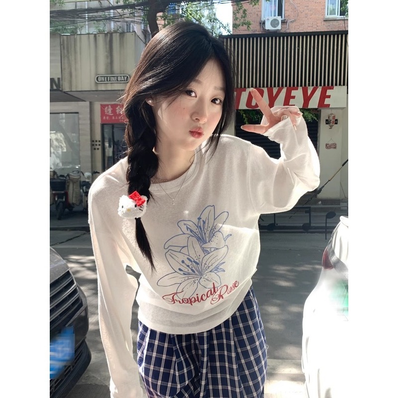 カジュアルレイジースタイル日焼け止めブラウストップ夏薄いルーズスノーフレークコットン長袖ラウンドネックTシャツ女性用空調シャツ|undefined