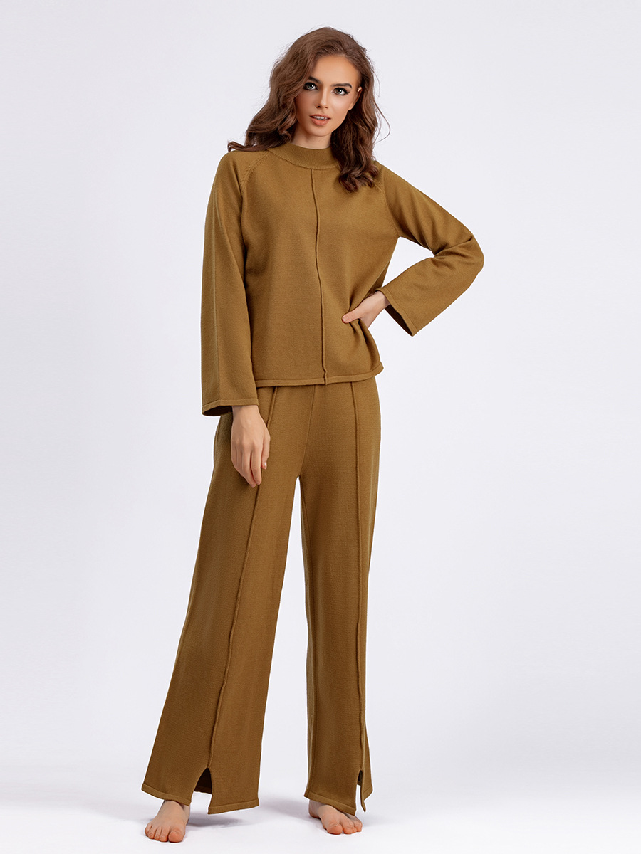 Women's clothing 2023 autumn and winter new loose solid color pullover sweater two-piece set with slits knitted wide-leg pants suit_voghion.com