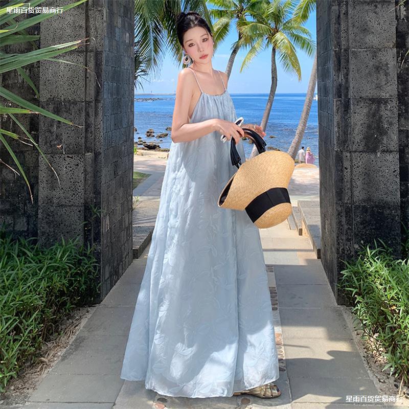 海边度假沙滩裙蓝色露背吊带洋装超好看气质宽松慵懒风长裙|undefined