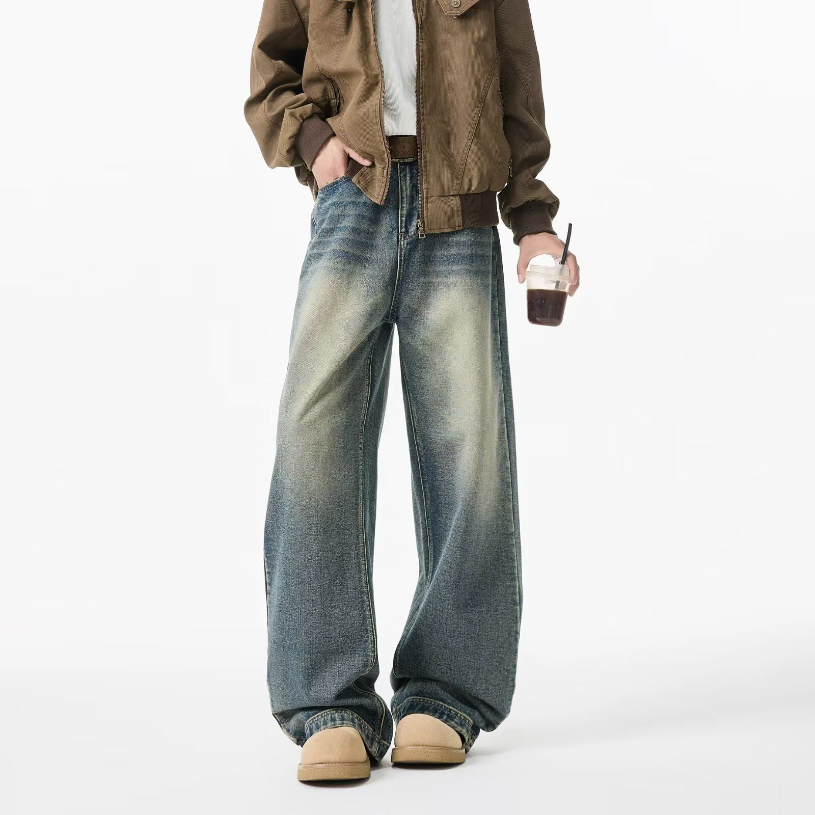 Men's Vintage Washed Denim Jeans Slightly Flared Wide-Leg Cat Whisker Detailing High-Street Style Cleanfit Black Blue (S-3XL)_mkmklike.com
