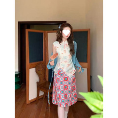 国风新中式小众穿搭立领金鱼修身上衣女夏通勤印花半身裙时尚套装