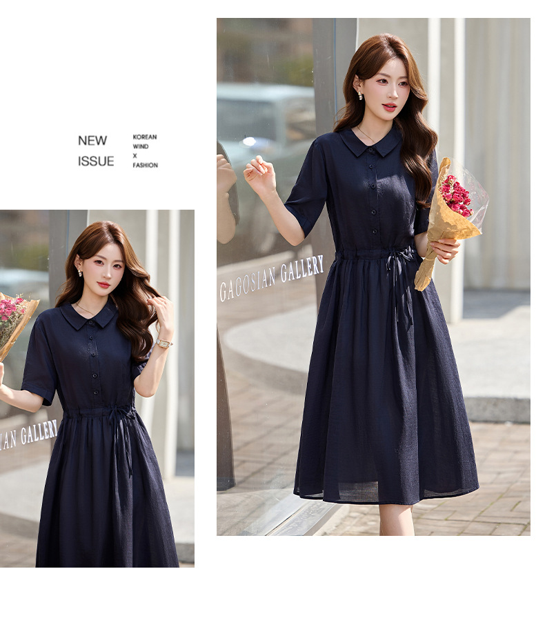 Đầm suông nữ midi dây rút eo cổ điển tay ngắn — Xanh lông mòng đen, màu đỏ chi tiết 13