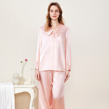 2024新款高档纯色真丝长袖长裤睡衣女套装法式翻领时尚家居服