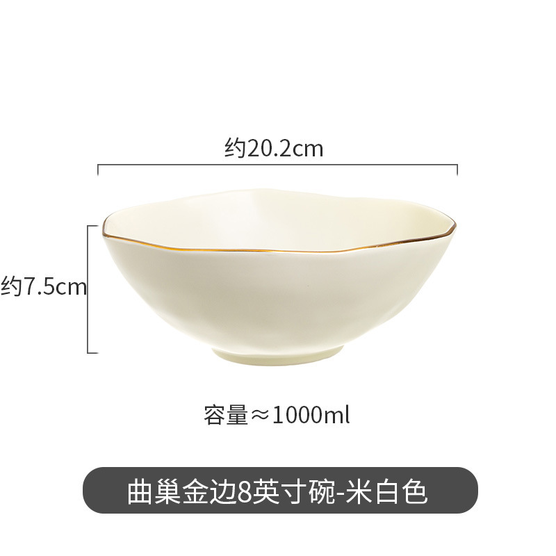 Moderno juego de regalo de tazones de sopa de lujo, diseño creativo de nido curvo irregular con vajilla de cerámica con borde dorado, que incluye platos, tazones y cucharas para uso doméstico.