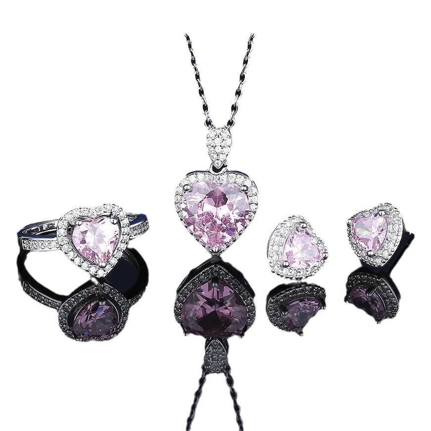 Europa y América Hot Pink Crystal ZIRCON collar mujeres traje de moda anillo amor pendientes Temu cadena suministro joyería