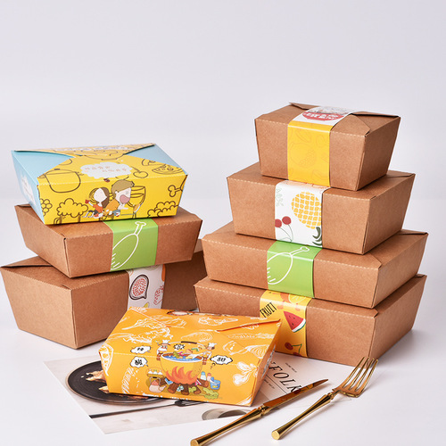 New-style kraft paper food containers for takeaway and delivery—disposable boxes perfect for fried rice, salads, fried chicken, grilled meats, and bento-style fast-food meals.