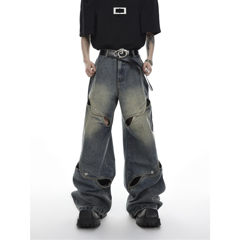 Summer Casual Niche Deconstructed Button Design Sense Wide Leg Jeans Heavy Industry Hollow Out Loose Straight Pants Men's Hair