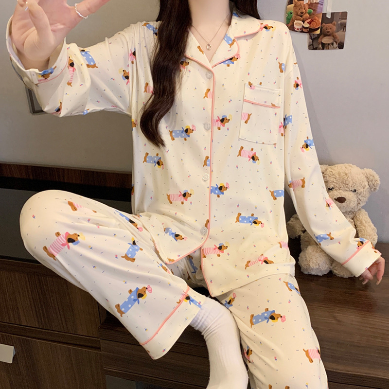 女性用パジャマ、秋の長袖セット、新しいお祝い干支年、かわいい漫画、甘いホームウェア、実物写真、卸売|undefined
