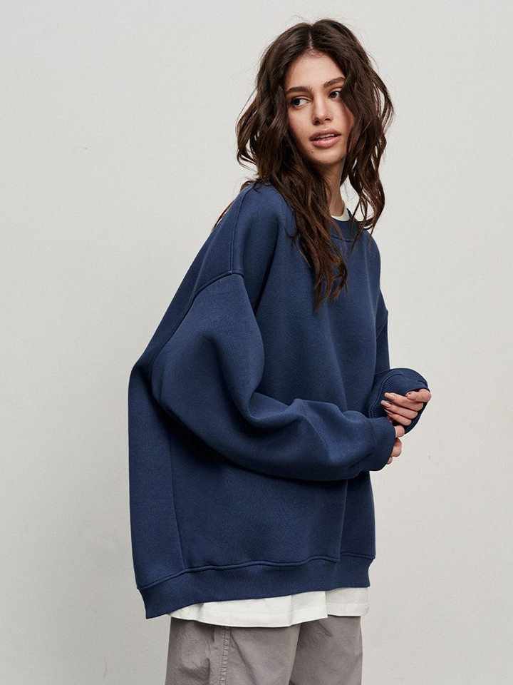 Áo sweatshirt nữ cổ tròn dáng rộng oversize tay dài chất liệu nỉ lông — Hoa màu xám, Màu cà phê, Màu trắng, Xanh navy chi tiết 20