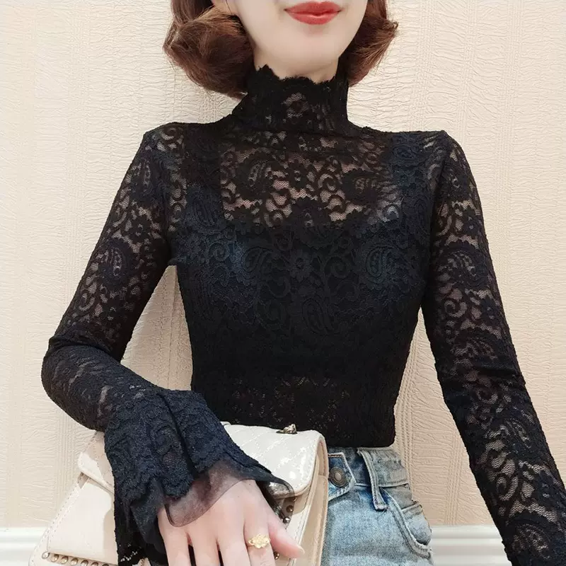 蕾丝打底衫加绒女新款网纱荷叶边高领内搭喇叭袖紧身性感百搭上衣