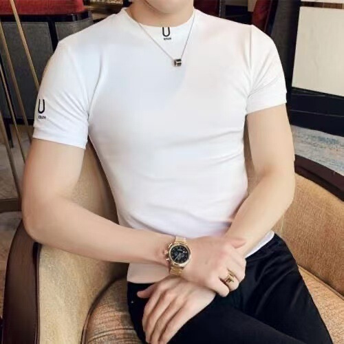 Summer Men's Pure Cotton T-Shirt Korean Style Slim Round Neck Tight Half-Sleeved T-Shirt Trendyy and Handsome Black and White Bottoming