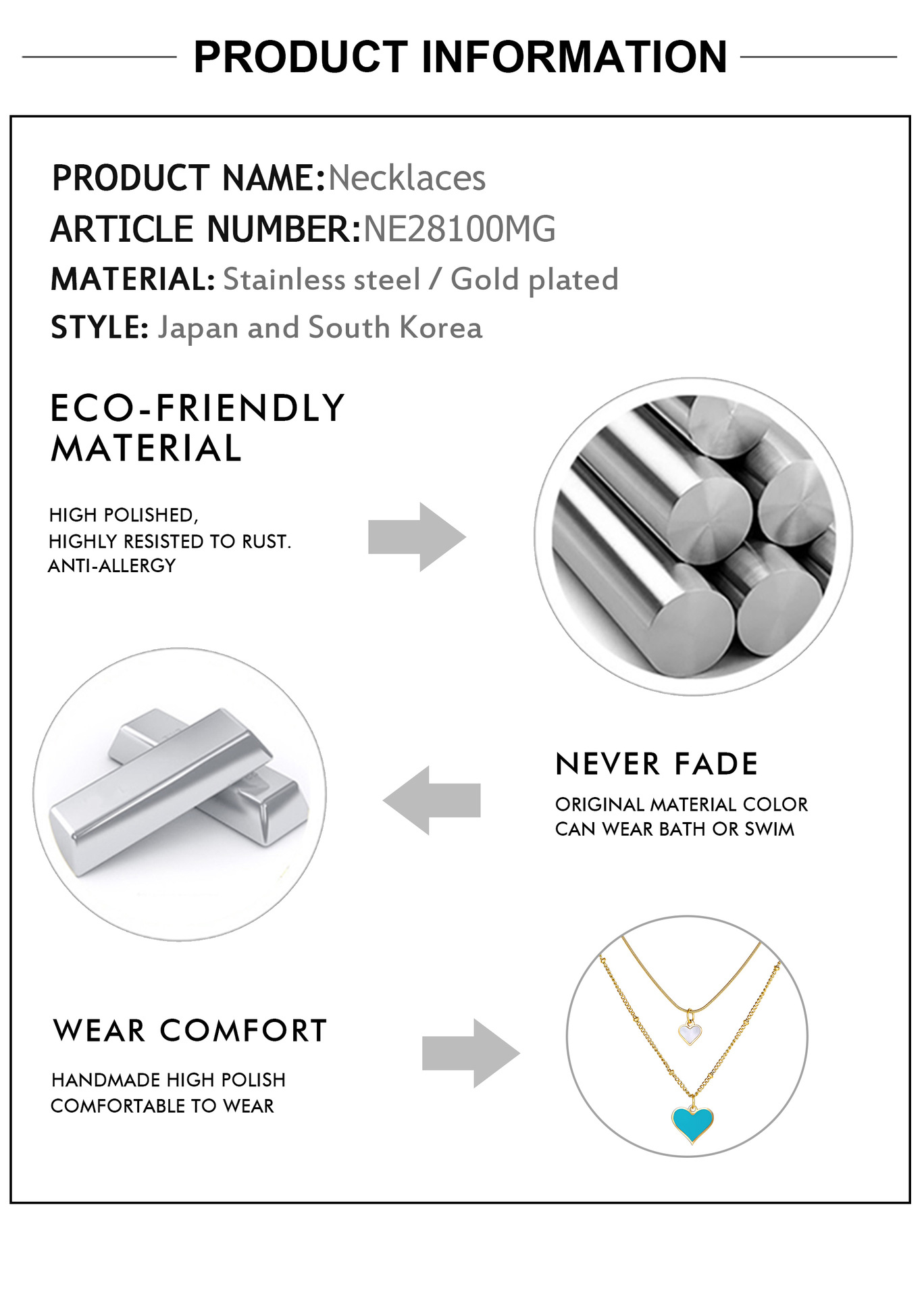 Fashion Heart Shape Stainless Steel Plating Layered Necklaces 1 Piece