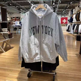 BM风美式NEW YORK字母印花宽松拉链连帽灰色开衫卫衣外套女春秋