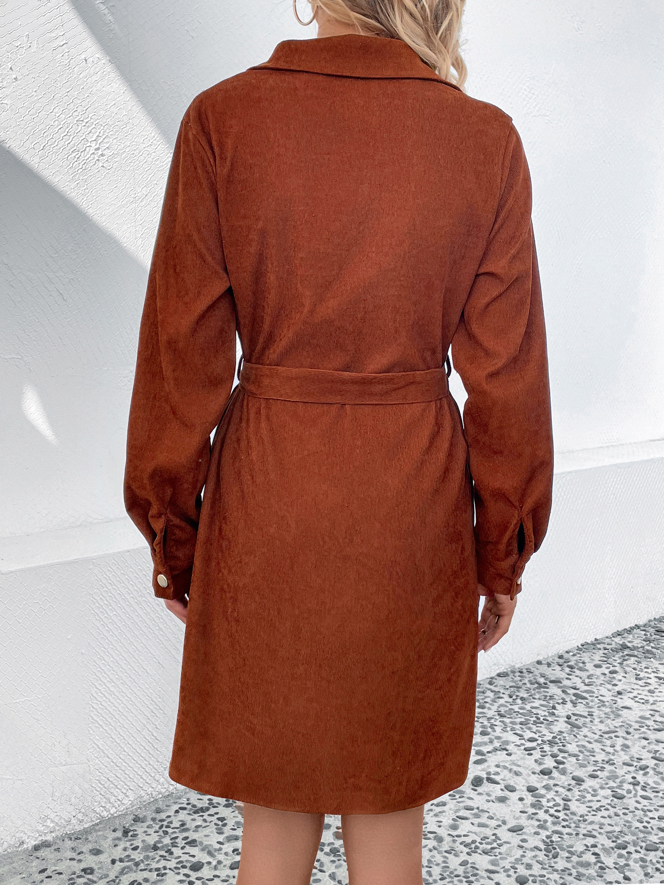 Women Collared Corduroy Belt Dress Spring Autumn Winter Women Clothing