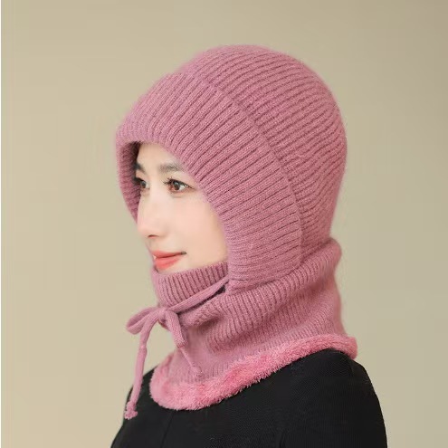 女冬季围脖一体毛线骑车护耳兔毛帽子加厚妈妈户外套头连体帽保暖|undefined