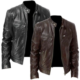 In-Stock Foreign Trade Winter Business Gentleman Warm Zipper Cardigan Pocket Decoration Pu Leather Jacket Stand Collar Slim Leather Jacket