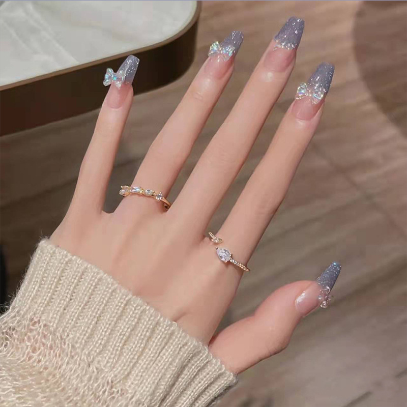 Long nail beauty piece light blue gradient glitter Aurora bow wear nail nail sticker removable nail piece finished product