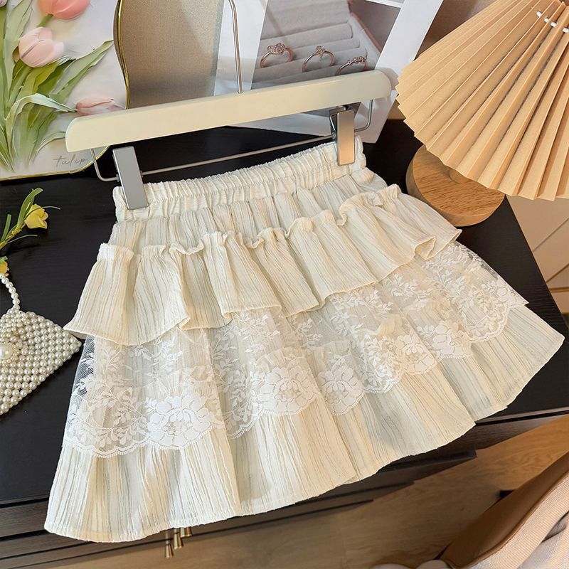 Korean Sweet Hottie Lace Splicing Cake Skirt Skirt for Women Spring White Anti-Exposure High-Waisted Fluffy Princess Skirt