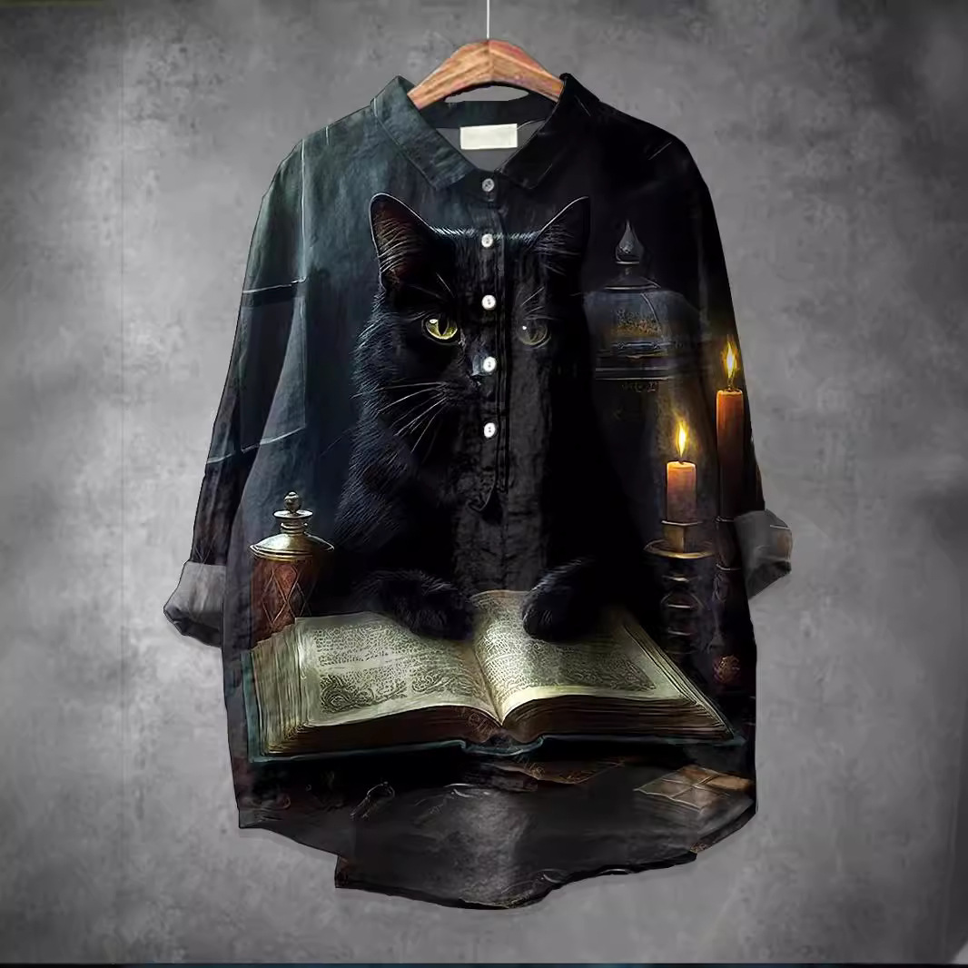 Dameskleding nieuwe casual mode Halloween patroon print dames half open knoop overhemd_voghion.com