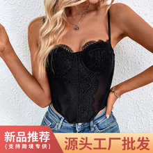 跨境欧美新品型性感紧身鱼骨胸衣黑色诱惑低胸蕾丝吊带背心上衣