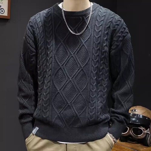 Chic Brand Heavyweight Autumn/Winter Solid Color Retro Cable Knit Men's Loose Cool Casual Crew Neck Sweater
