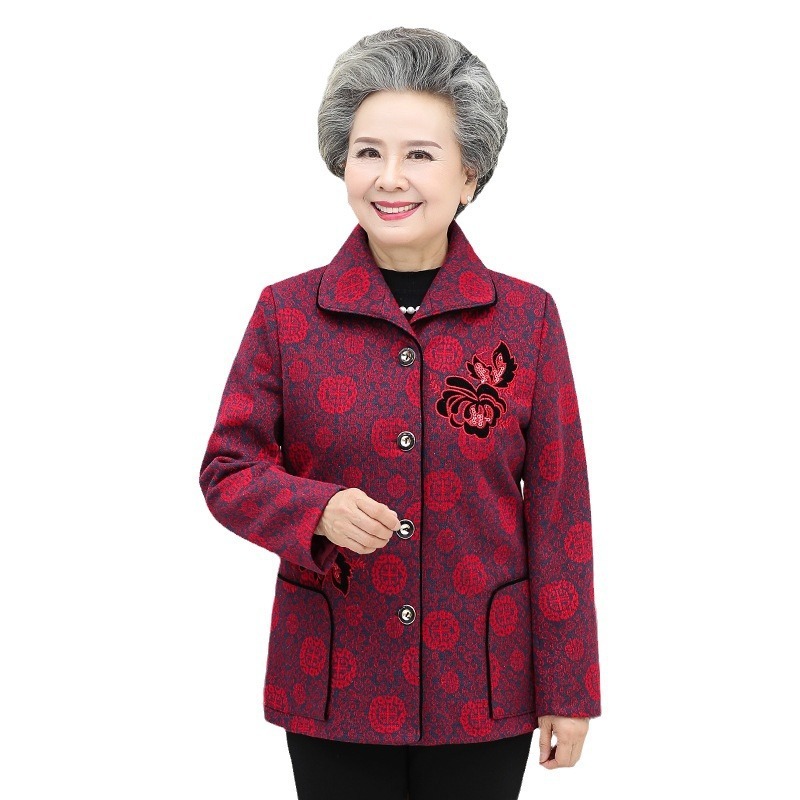 中高年の春秋女性のお母さんの刺繍のコートの60-70歳のおばあさんの冬の服は綿毛のコートのおばあさんの服をプラスします。|undefined