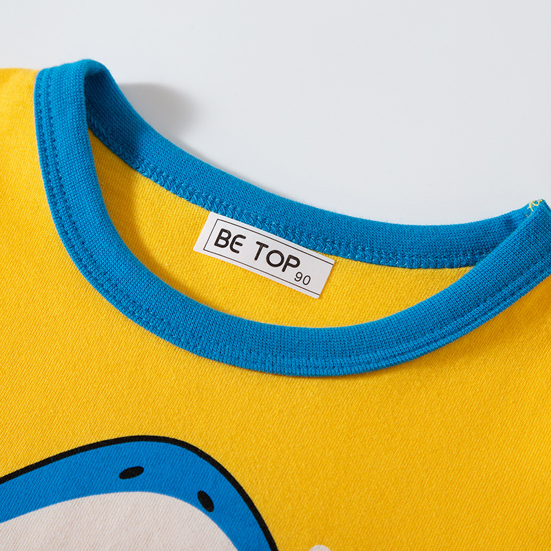 Camiseta de manga larga con cuello redondo para niños, de algodón puro, con estampado de tiburón de dibujos animados, otoño 2025, venta al por mayor.