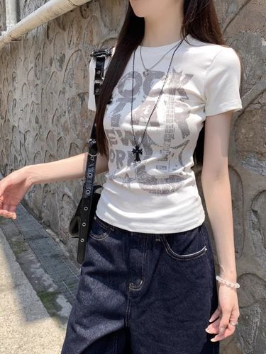 [210g, 40-count Pure Cotton] White Letter-Printed Crew-Neck Short-Sleeve T-Shirt for Women – Summer, Slim-Fit, and Figure-Slimming Fashion Top