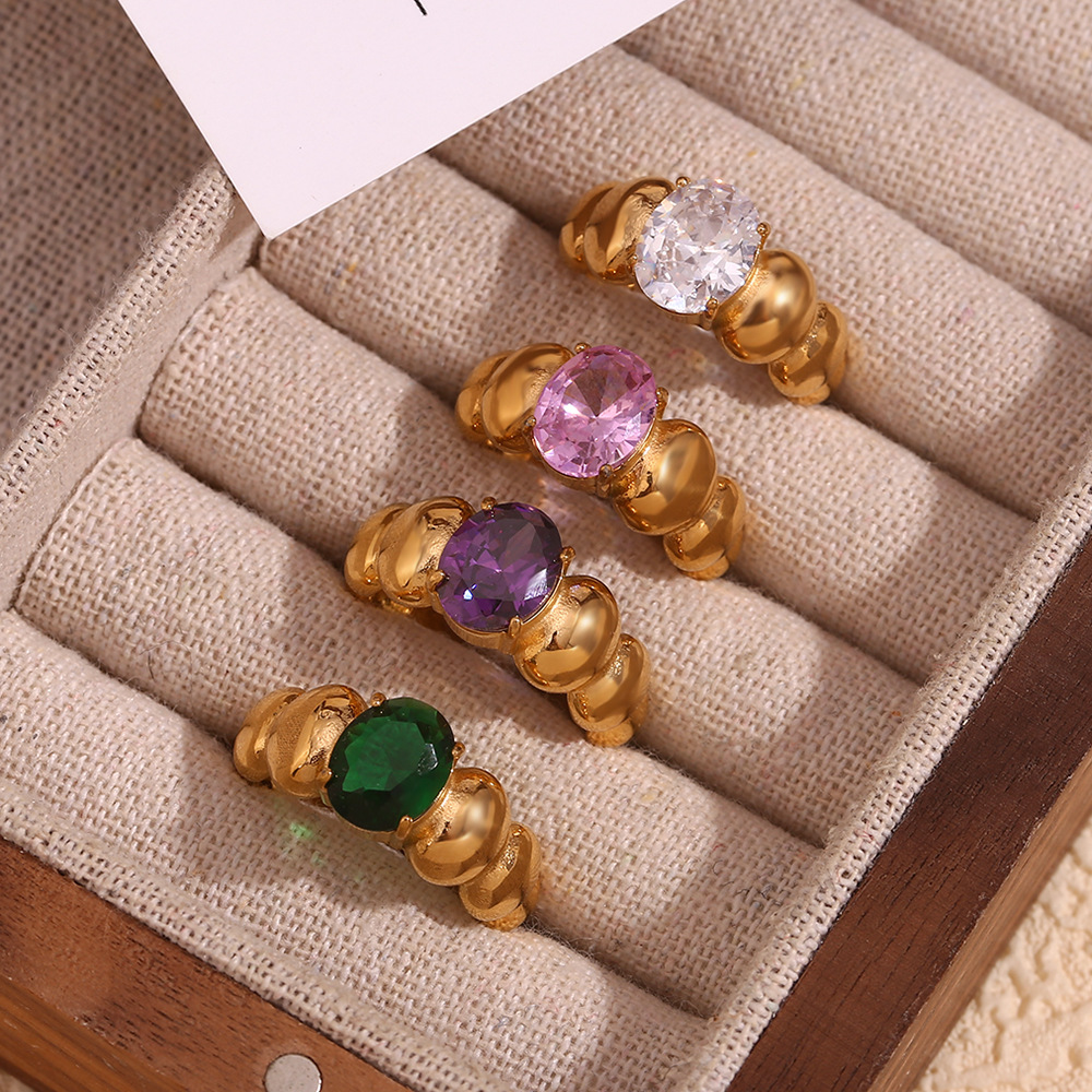 Oval Diamond Inlaid Stainless Steel Ring