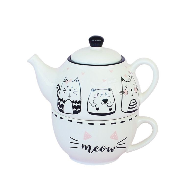 Francia romántico lindo gato europeo blanco y negro tetera de cerámica regalo de té para el hogar taza de decoración con set de tetera