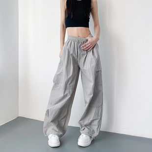 Gray Cargo Wide-Leg Pants for Women, Summer Plus Size, Ice Silk Thin Quick-Dry Parachute American Style Sports Straight Pants