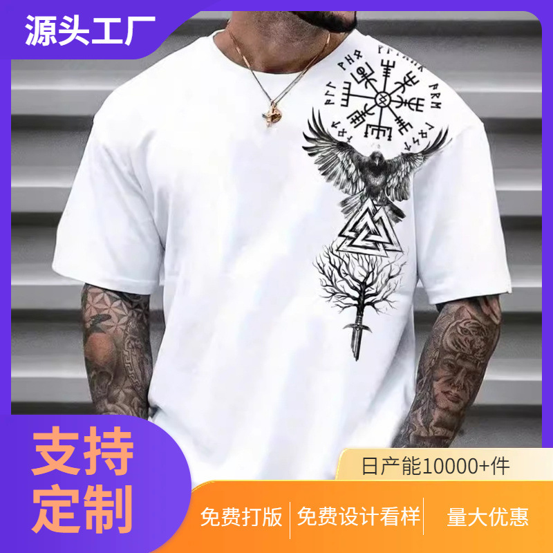 2026跨境新款欧美2026热卖3D数码印花男士百圆领搭短袖热卖T恤衫