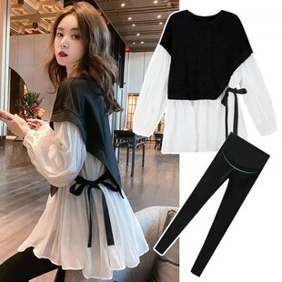2025 Spring and Autumn Women's Sweatshirt with Chiffon Patchwork, Slimming and Flattering, Hem Slit, Tie-Up Pleated Skirt Two-Piece Set