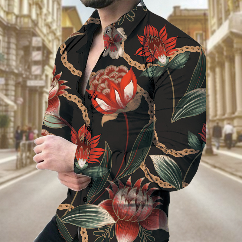 Spring And Autumn New European And American Men's Long Sleeve Shirt Casual Printed Shirt_viptrois.com