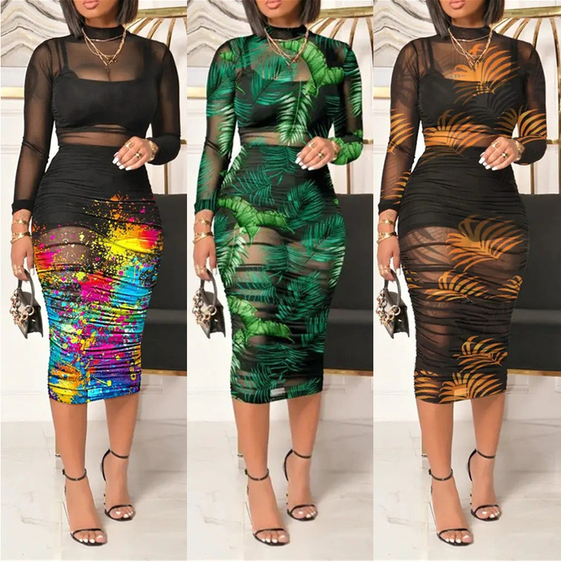 2022 European and American New Black Short Skirt Top with Retro Printing Sexy Mesh Long dress Three-Piece Set