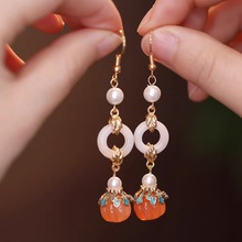 热卖款气质橘色南瓜珍珠耳环女新中式旗袍配饰民族风耳钩国风耳饰