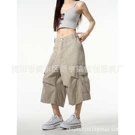 夏季新款美式多口袋七分裤子女夏季新款宽松高级感阔腿工装休闲裤