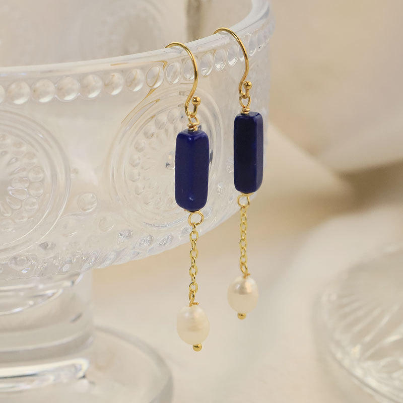 XlentAg diseño original lapis lazuli natural agua dulce pendientes de perlas temperamento pendientes retro de alta sensación pendientes